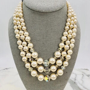 Vintage Laguna Faux Pearl Necklace Aurora Borealis Crystal Beads 3 Stran…